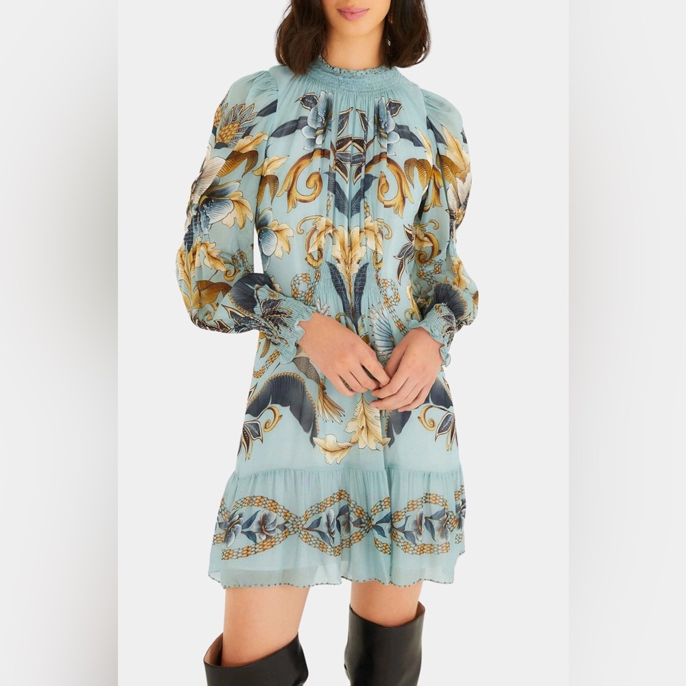 FARM Rio Sky Blue Baroque Floral Mini Dress